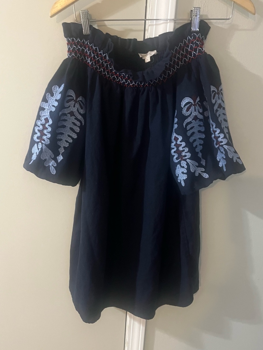 Rebellion Off-Shoulder Mini Dress, Embroidered Sleeves, Smocking, Size Large